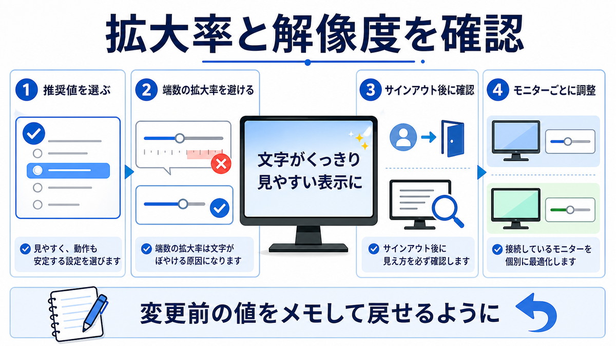 Windowsの拡大率と解像度を推奨値に近づける確認手順の図解