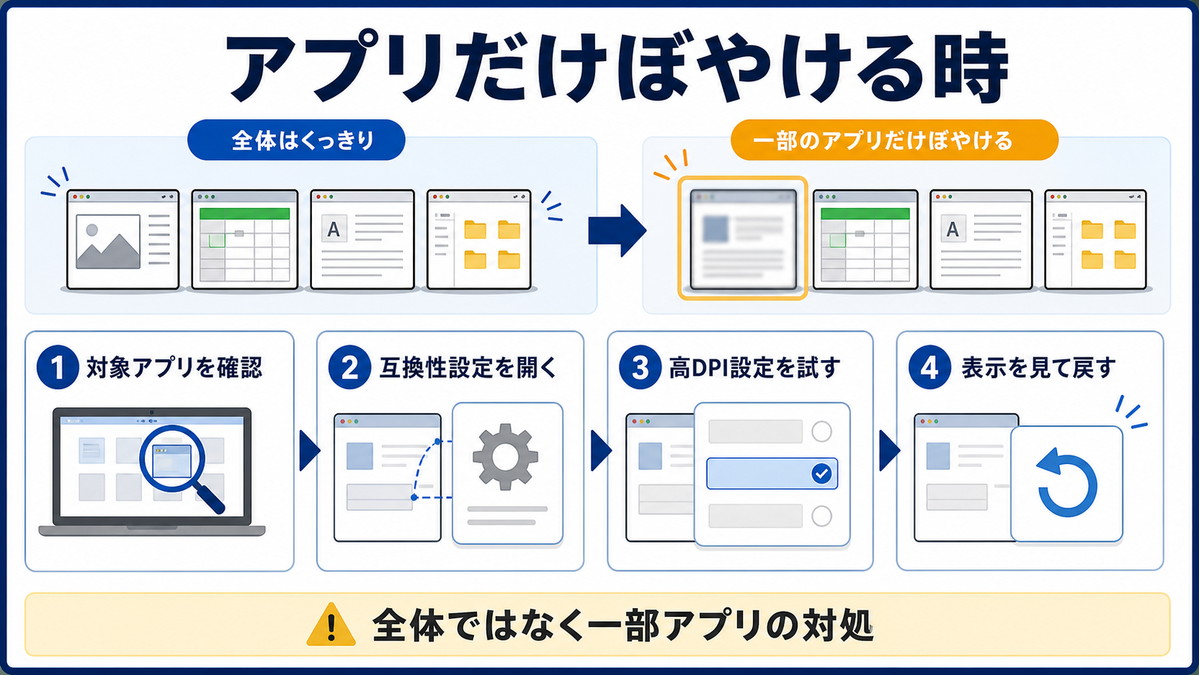 特定のアプリだけ文字がぼやける時に高DPI設定を確認する図解