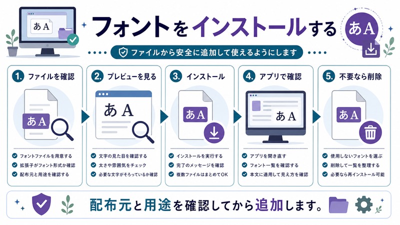 ファイル確認、プレビュー、インストール、アプリでの確認、不要時削除を整理した日本語図解