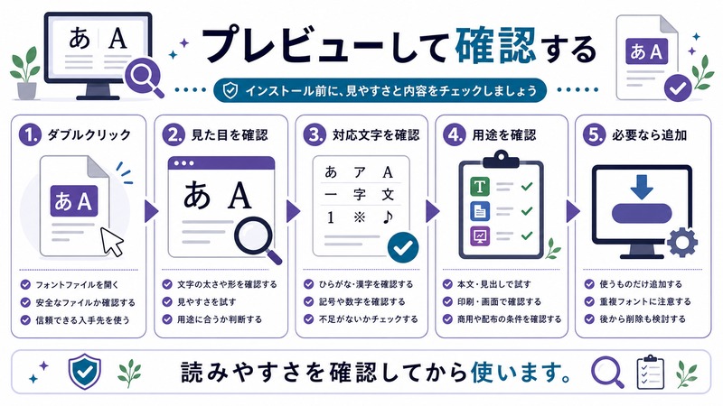 ダブルクリック、見た目、対応文字、用途、必要時の追加を確認する流れを示す日本語図解