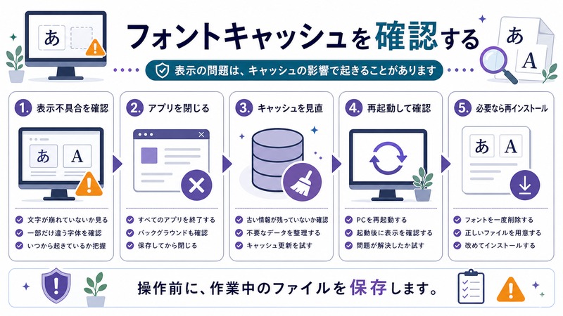 表示不具合、アプリ終了、キャッシュ見直し、再起動、必要時の再インストールを整理した日本語図解