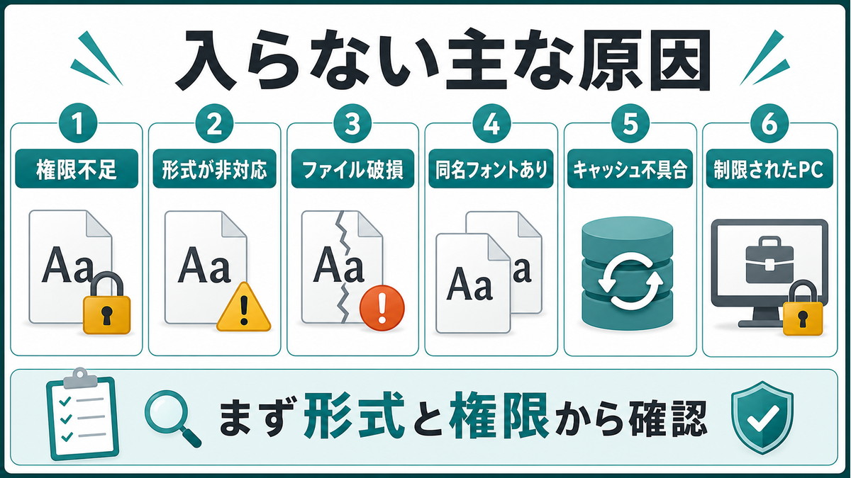 フォントが入らない時の権限不足形式非対応ファイル破損キャッシュ不具合を整理した図解