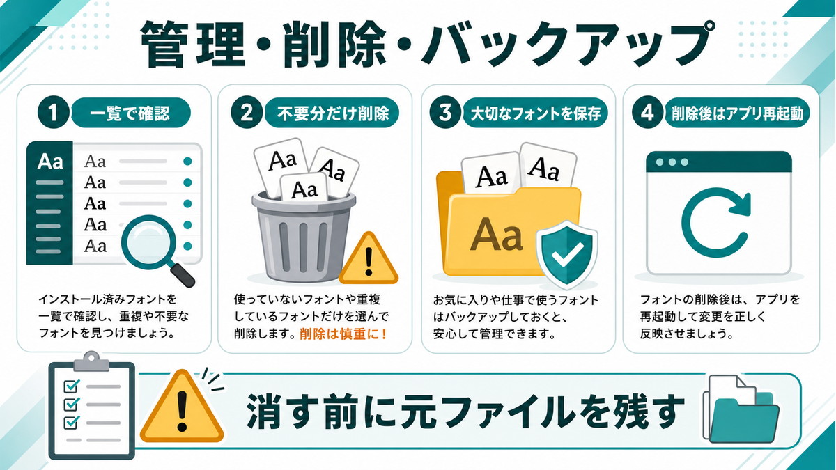 フォントの一覧確認削除バックアップアプリ再起動を整理した図解