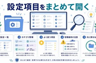 設定一覧、カテゴリ整理、よく使う項目、管理者向け注意、元に戻せる場所を整理した日本語アイキャッチ画像