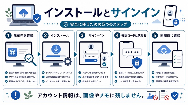 配布元確認、インストール、サインイン、確認コードを伏せること、同期前確認を整理した日本語図解