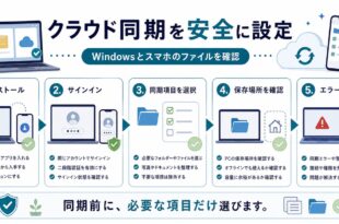 Windowsとスマホのクラウド同期で、インストール、サインイン、同期項目、保存場所、エラー確認を整理した日本語アイキャッチ画像