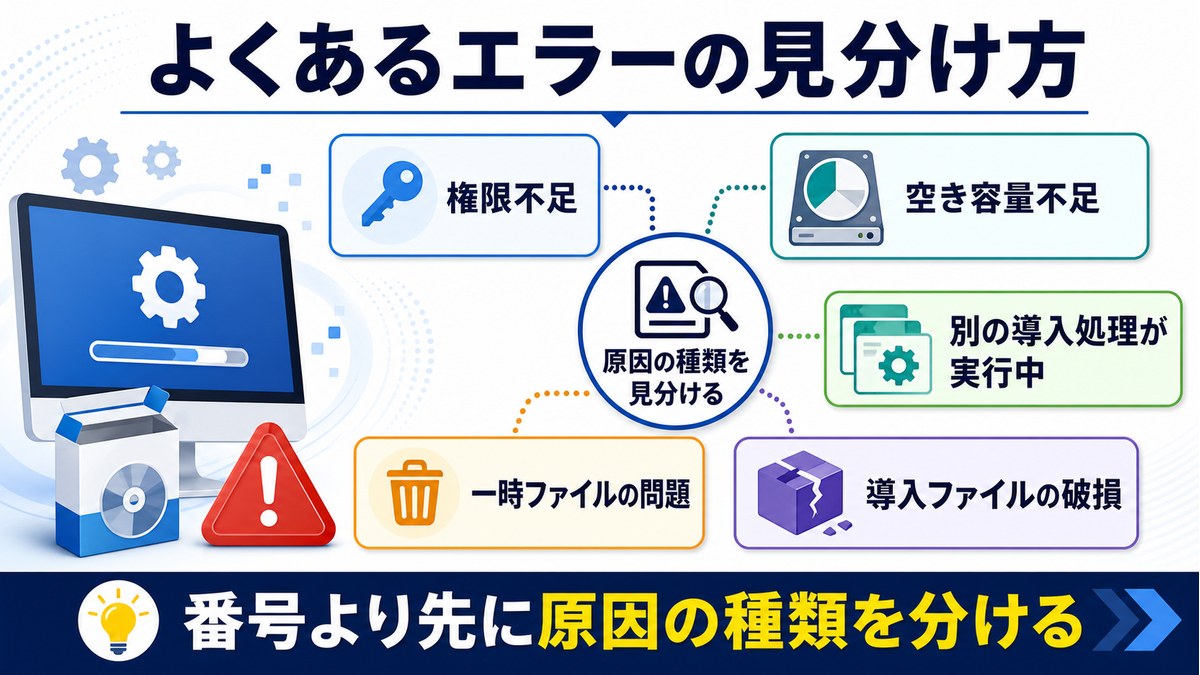 Windowsインストーラーでよくあるエラー原因を権限不足空き容量不足別処理実行中一時ファイル導入ファイル破損に分けて確認する図解