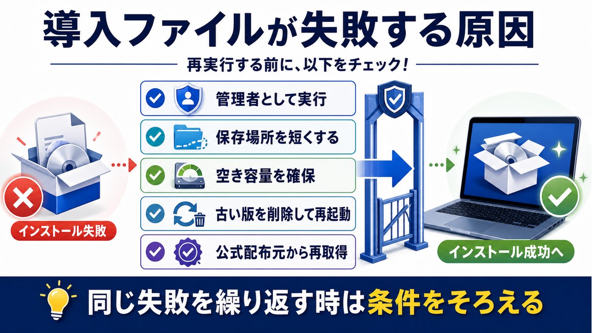 導入ファイルが失敗する時に管理者として実行保存場所短縮空き容量確保古い版削除公式配布元から再取得を確認する図解
