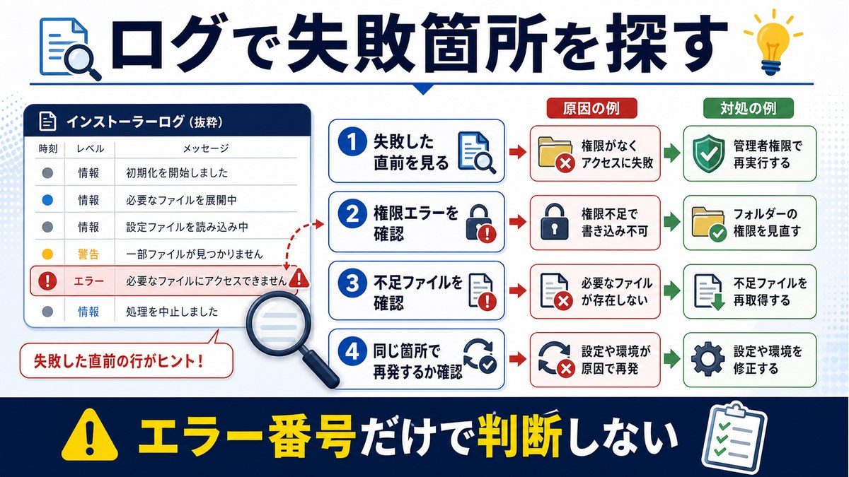 インストーラーログで失敗した直前の行権限エラー不足ファイル同じ箇所での再発を確認する図解