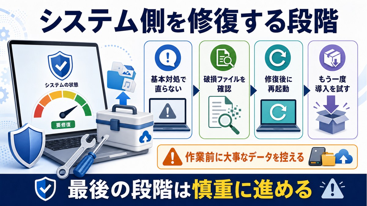 基本対処で直らない時に破損ファイル確認修復後の再起動もう一度導入を試す流れと作業前の控えを示す図解