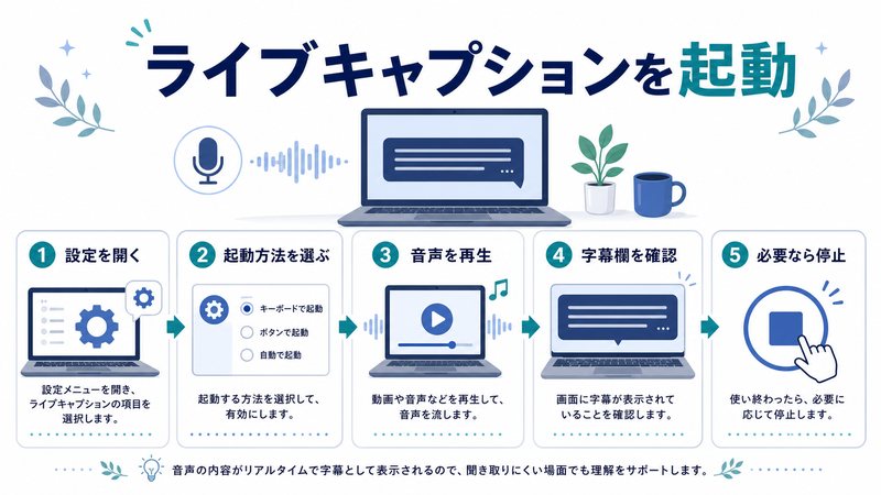 設定を開き、起動方法を選び、音声を再生し、字幕欄を確認して必要なら停止する流れを整理した日本語図解