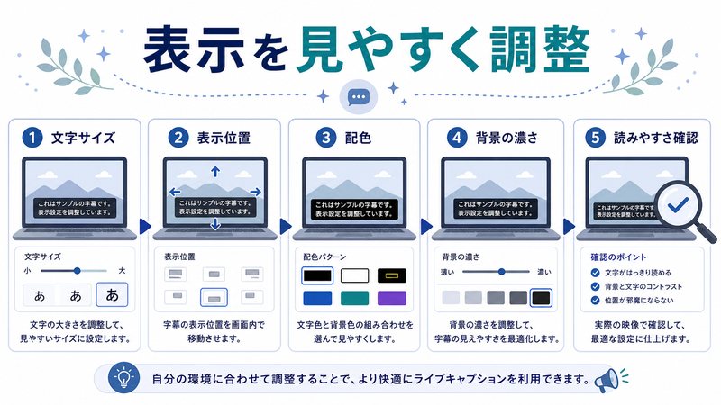 文字サイズ、表示位置、配色、背景の濃さ、読みやすさ確認を整理した日本語図解