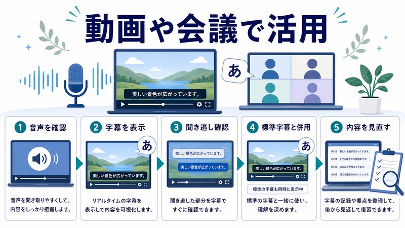 音声確認、字幕表示、聞き逃し確認、標準字幕との併用、内容の見直しを整理した日本語図解
