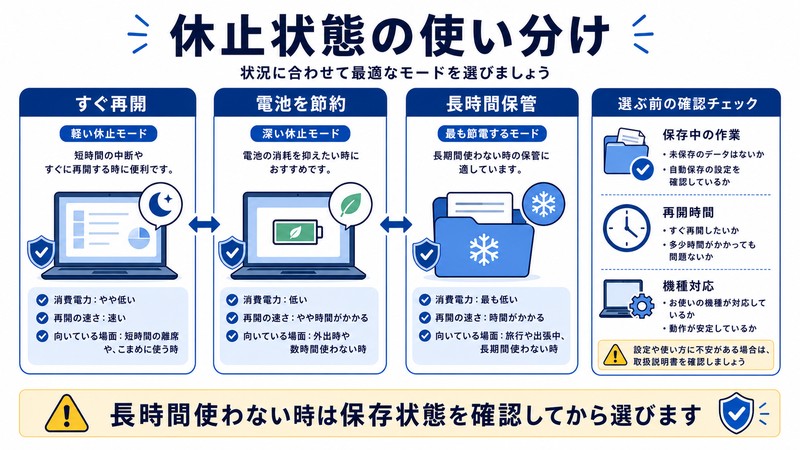 すぐ再開、電池節約、長時間保管、保存状態確認を整理した日本語図解