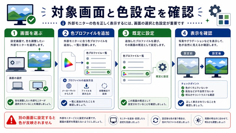 画面選択、色プロファイル追加、既定設定、表示確認を整理した日本語図解