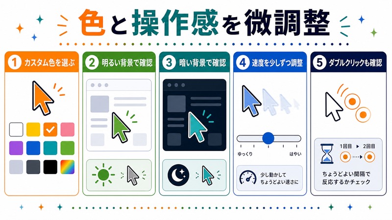 カスタム色、明るい背景、暗い背景、速度、ダブルクリックを確認してマウス操作感を微調整する流れを示す日本語図解