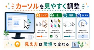 カーソルのサイズ、色、速度、元に戻す設定を整理し、見え方は環境で変わることを示す日本語アイキャッチ画像