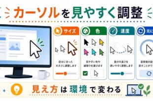 カーソルのサイズ、色、速度、元に戻す設定を整理し、見え方は環境で変わることを示す日本語アイキャッチ画像