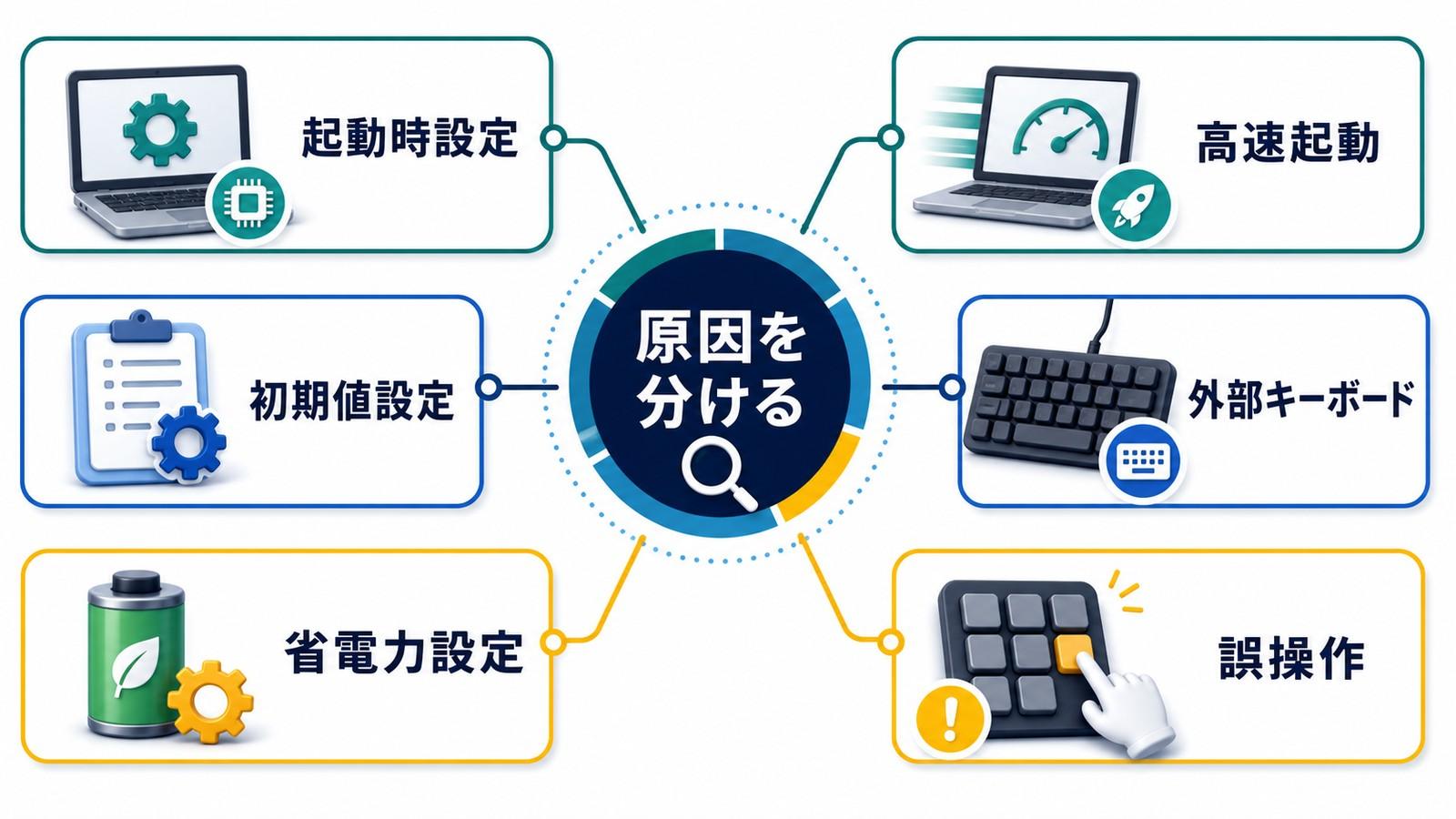 WindowsでNumLockが勝手にオフになる原因を起動時設定高速スタートアップ初期値設定外部キーボード省電力設定誤操作に分ける図解