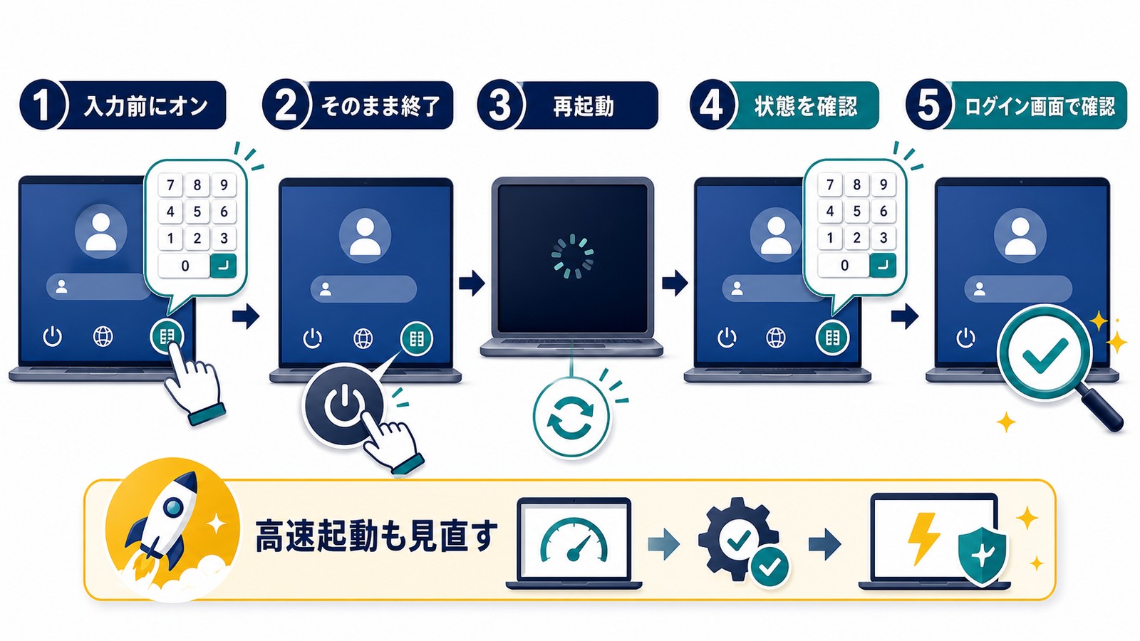 Windowsのログイン画面でNumLockをオンにして終了し再起動後に状態が維持されるか確認する図解