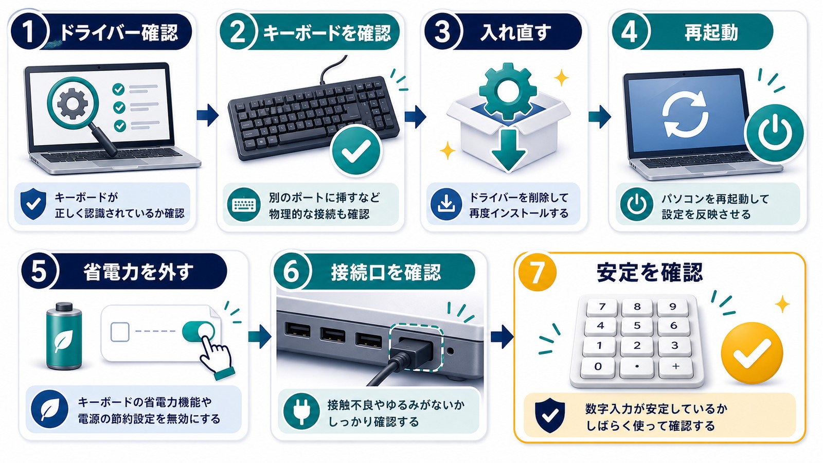 WindowsでNumLockが不安定な時にキーボードドライバー接続口省電力設定再起動を順に確認する図解