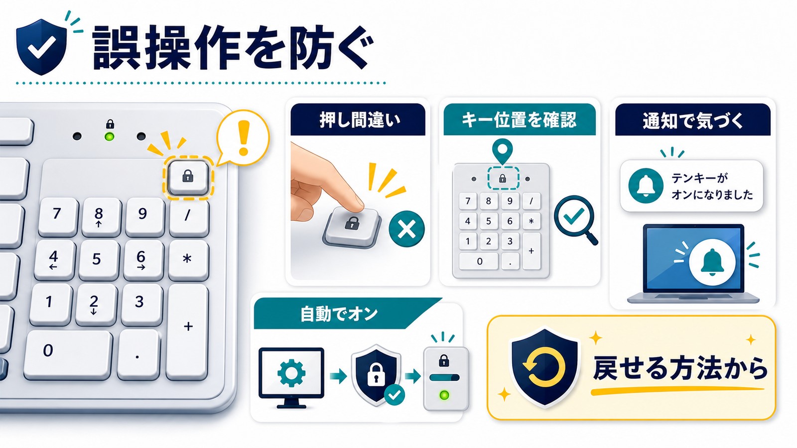 NumLockキーの誤押しを防ぐためキー位置通知自動オン戻せる方法を確認する図解