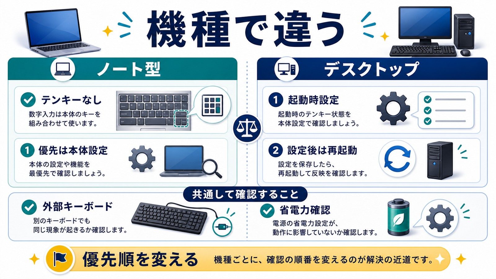 ノートPCとデスクトップPCでNumLockの確認順を変え本体設定外部キーボード起動時設定省電力設定を確認する図解