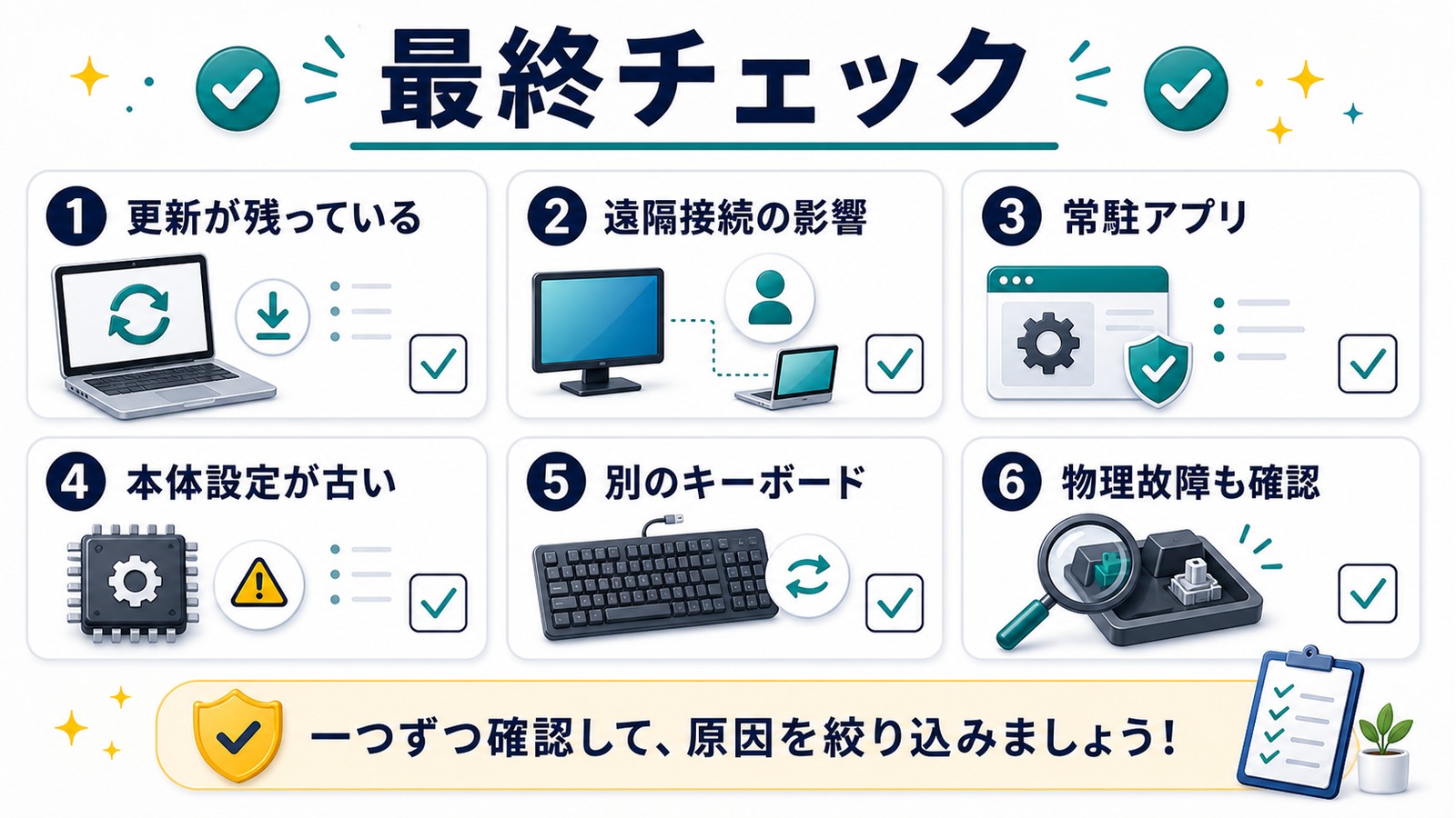 WindowsでNumLockが直らない時に更新遠隔接続常駐アプリ本体設定別キーボード物理故障を確認する図解