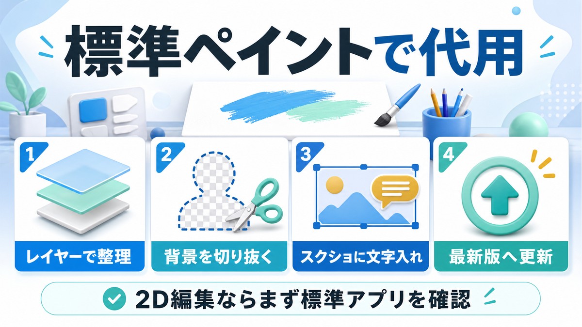 標準ペイントでレイヤー整理、背景切り抜き、スクリーンショットへの文字入れ、最新版への更新を示す図解
