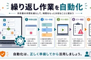 作業記録、フロー作成、テスト実行、エラー確認、実行前の見直しを整理した日本語アイキャッチ画像