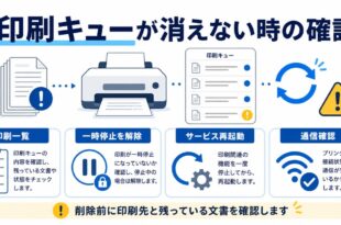 印刷一覧、一時停止解除、サービス再起動、通信確認を整理した日本語アイキャッチ画像