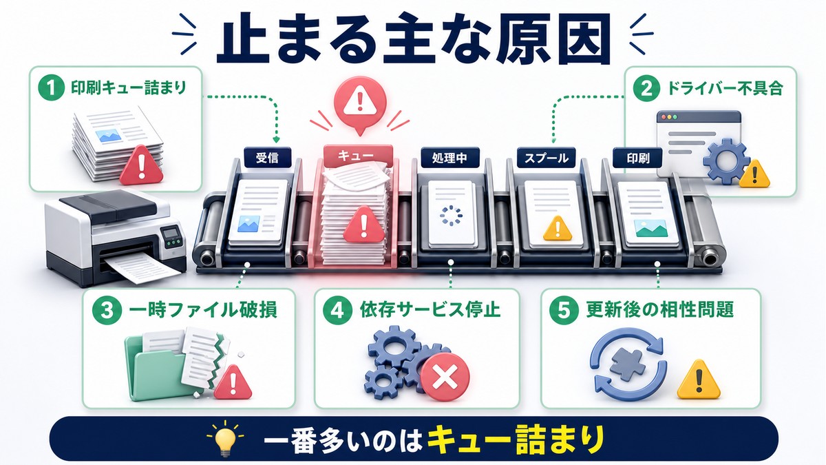 印刷スプーラーが止まる原因を印刷キューやドライバー不具合などに分けた図