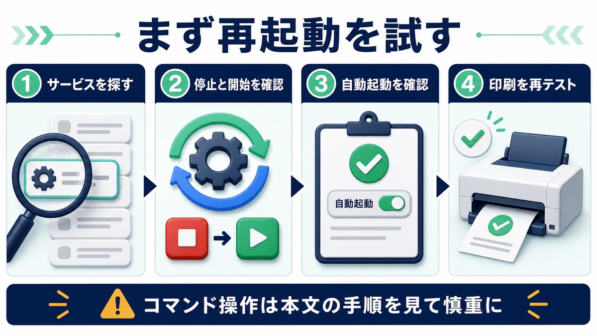 印刷スプーラーを探して停止と開始を確認し印刷を再テストする流れ