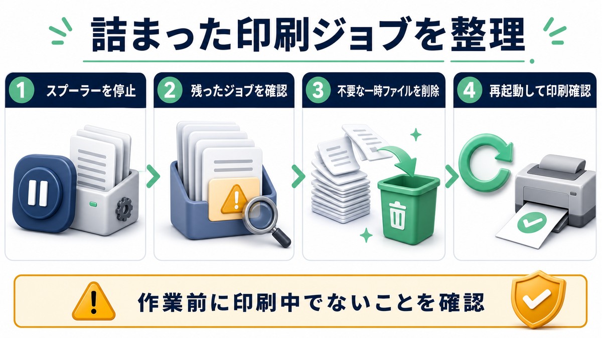 印刷中でないことを確認してから詰まった印刷ジョブを整理する手順