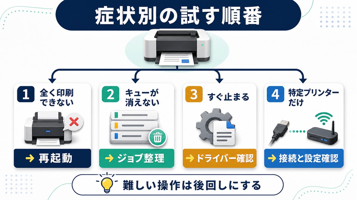 印刷できない症状別に再起動やジョブ整理やドライバー確認へ進む流れ
