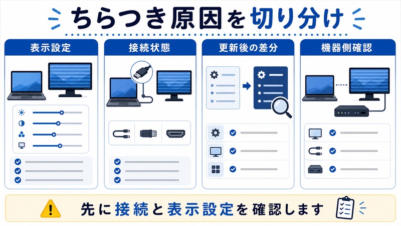 表示設定、接続状態、更新後の差分、機器側確認を整理した日本語図解