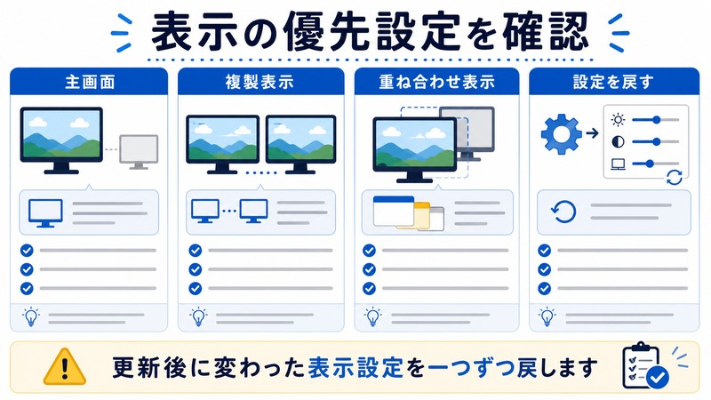 主画面、複製表示、重ね合わせ表示、設定を戻す流れを整理した日本語図解
