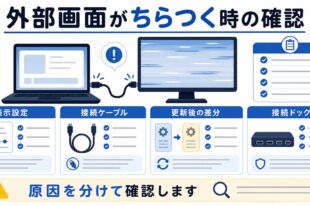 表示設定、接続ケーブル、更新後の差分、接続ドックを整理した日本語アイキャッチ画像