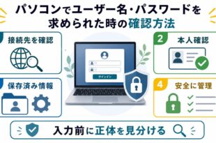 Windowsセキュリティでユーザー名とパスワードを求められた時に接続先確認本人確認保存済み情報安全管理を整理した図解