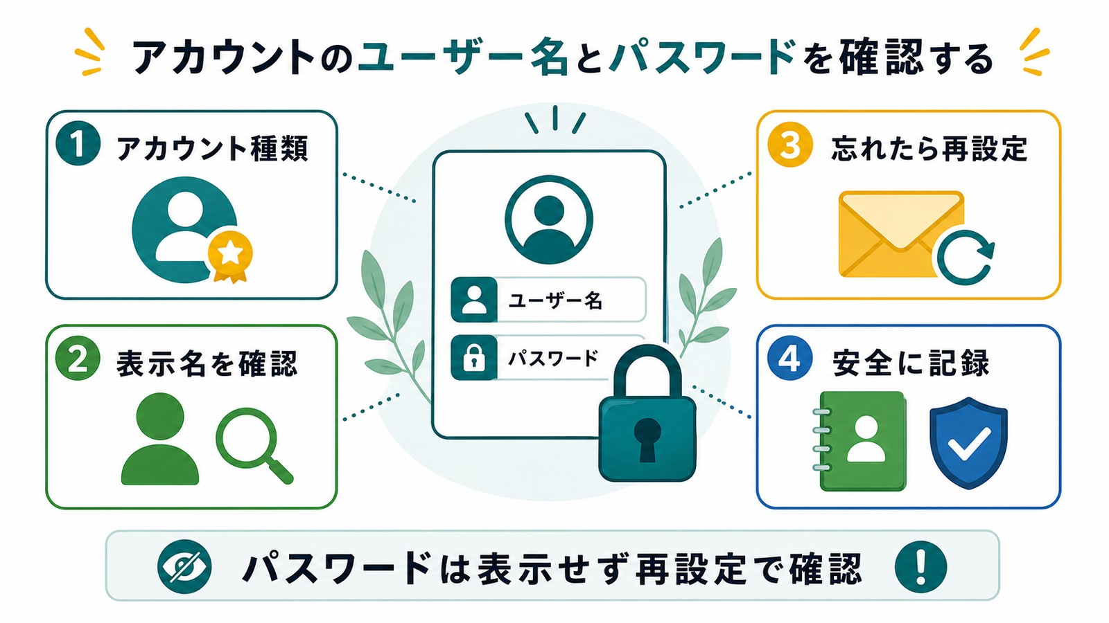 アカウント種類表示名再設定安全な記録を確認してユーザー名とパスワードを扱う流れの図解
