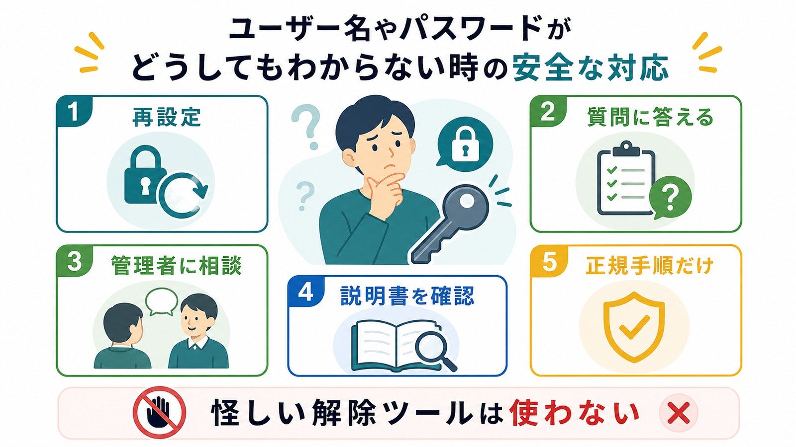 ユーザー名やパスワードがわからない時に再設定質問に答える管理者に相談説明書確認正規手順で進める図解