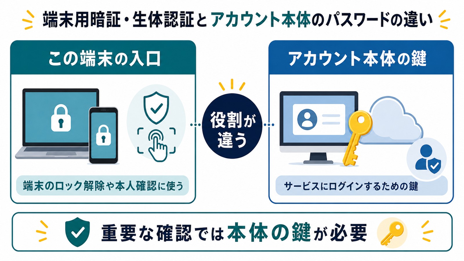 端末用暗証生体認証とアカウント本体のパスワードの役割の違いを整理した図解