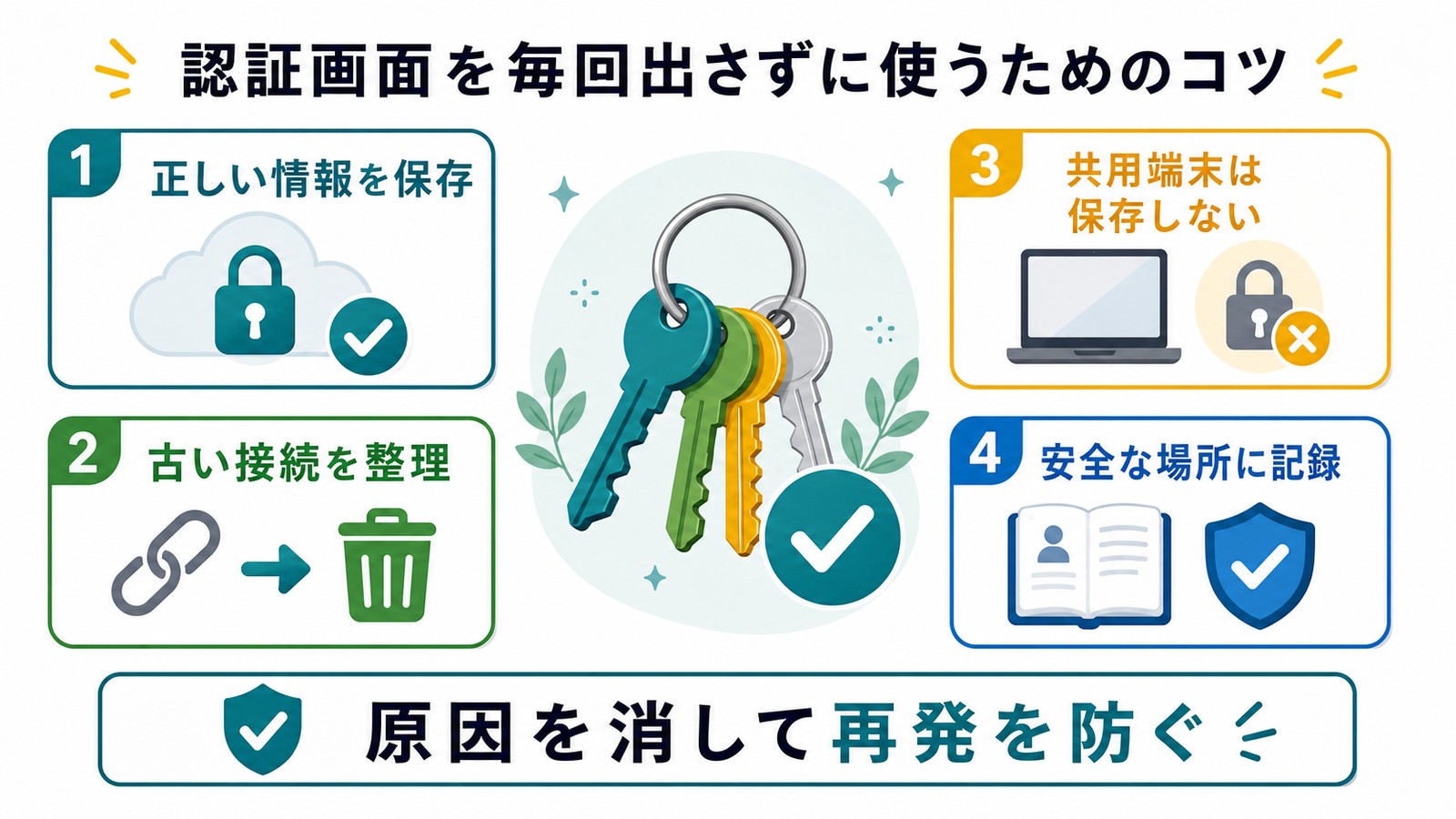 正しい情報を保存し古い接続を整理し共用端末では保存せず安全な場所に記録して再発を防ぐ図解
