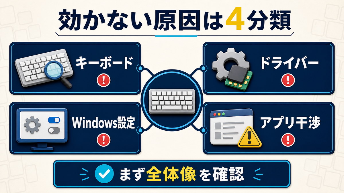 ショートカットキーが効かない原因を4分類で整理した図解
