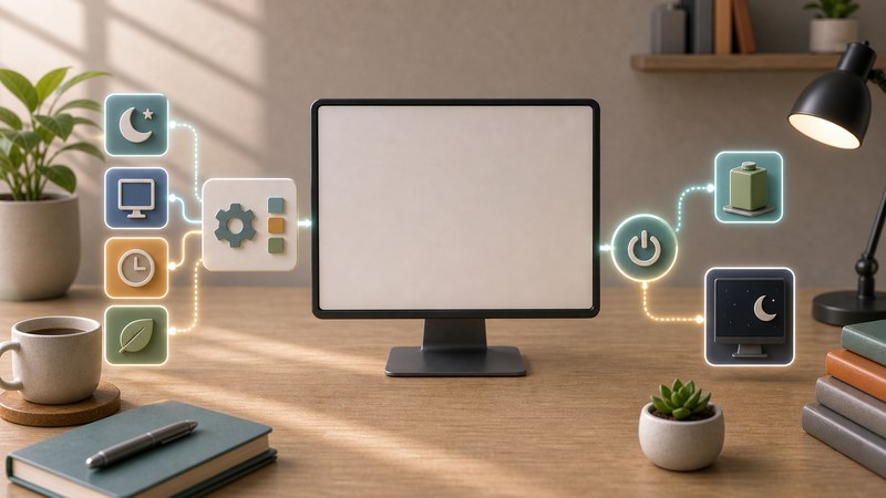 月、電源、設定ブロック、画面オフ経路を無文字アイコンで整理した日本語図解