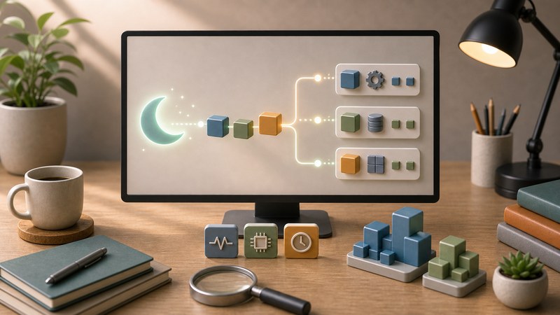 月、阻害ブロック、サービスノード、拡大鏡を無文字アイコンで整理した日本語図解