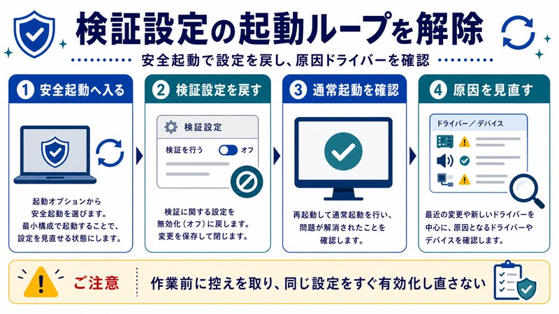 安全起動、検証設定を戻す、通常起動確認、原因見直しを整理した日本語図解