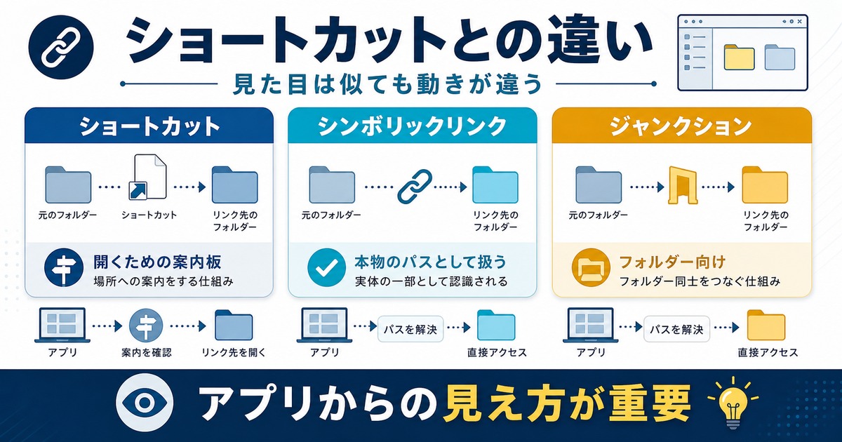 ショートカット、シンボリックリンク、ジャンクションの違いとアプリからの見え方を比較する図