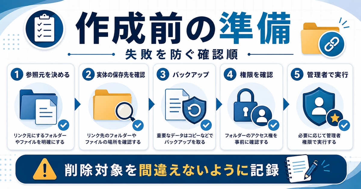 シンボリックリンク作成前に参照元、実体の保存先、バックアップ、権限、管理者実行を確認する図