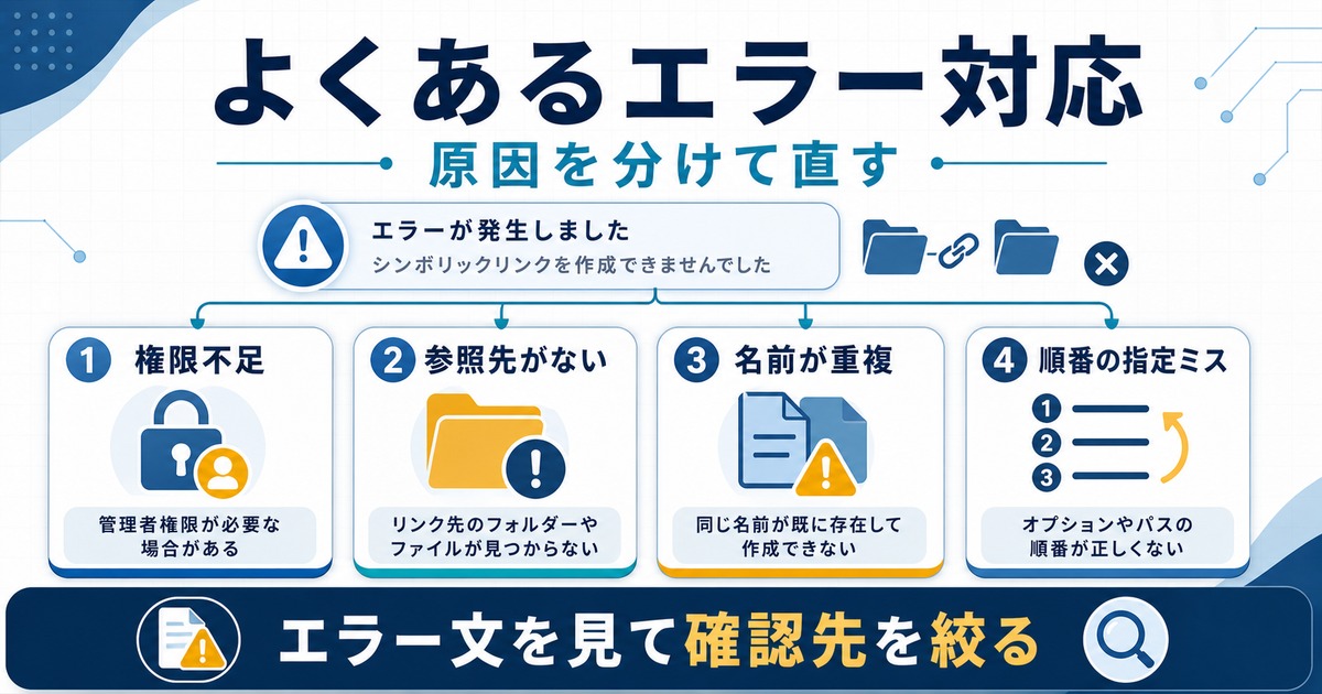 シンボリックリンク作成時の権限不足、参照先なし、名前重複、順番指定ミスを切り分ける図